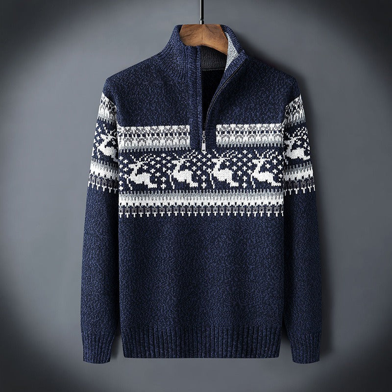Mens winter jumper quarter zip high neck, cotton blend knit