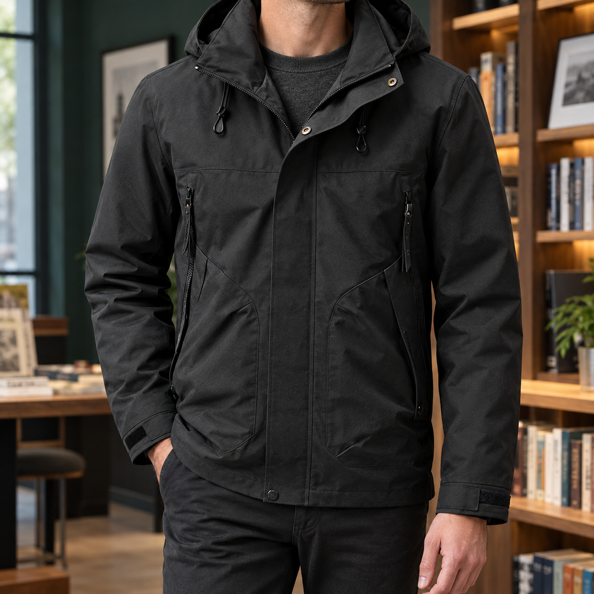 Mens Waterproof Rain Jacket Hooded Woven Shell Zip Front Four Pocket