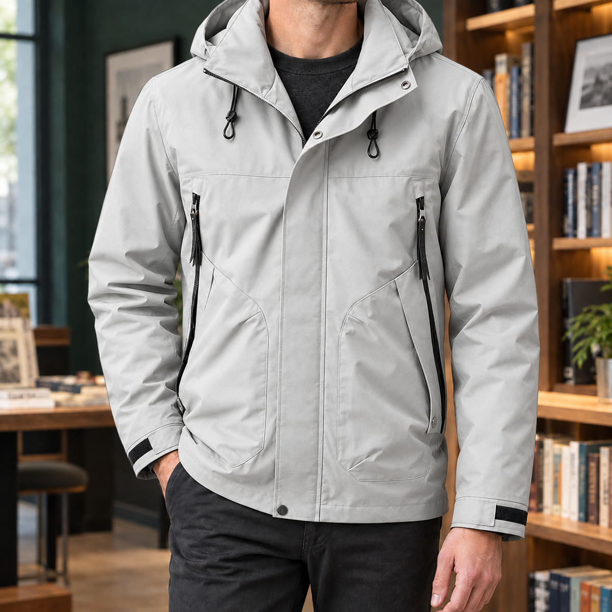 Mens Waterproof Rain Jacket Hooded Woven Shell Zip Front Four Pocket