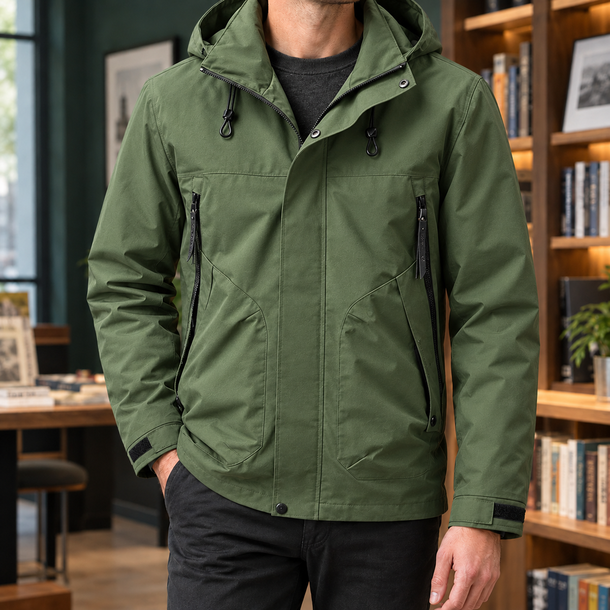 Mens Waterproof Rain Jacket Hooded Woven Shell Zip Front Four Pocket