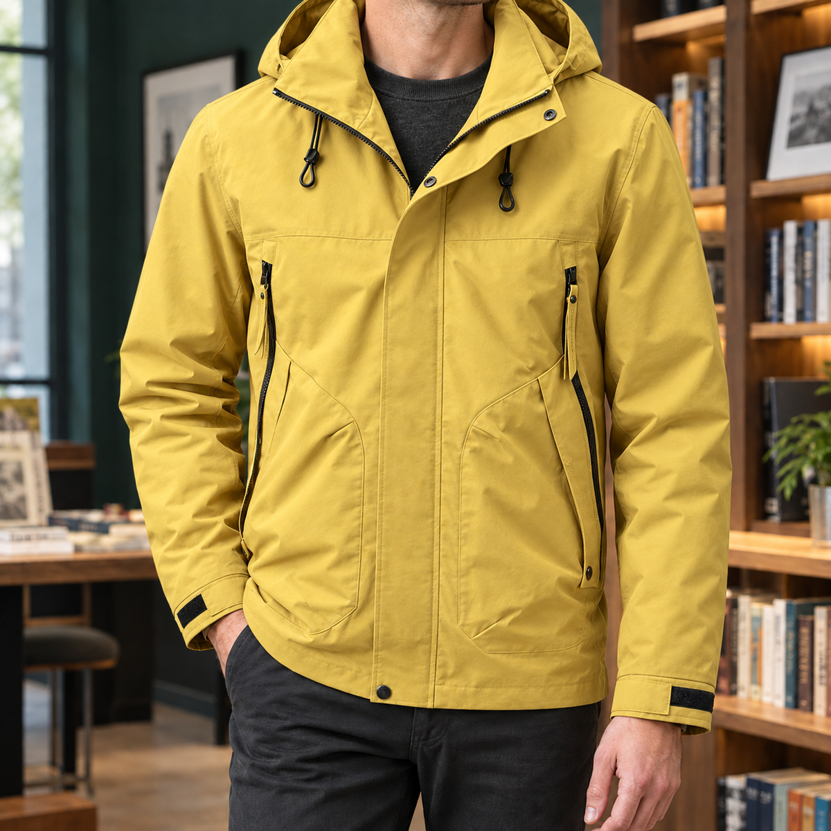 Mens Waterproof Rain Jacket Hooded Woven Shell Zip Front Four Pocket