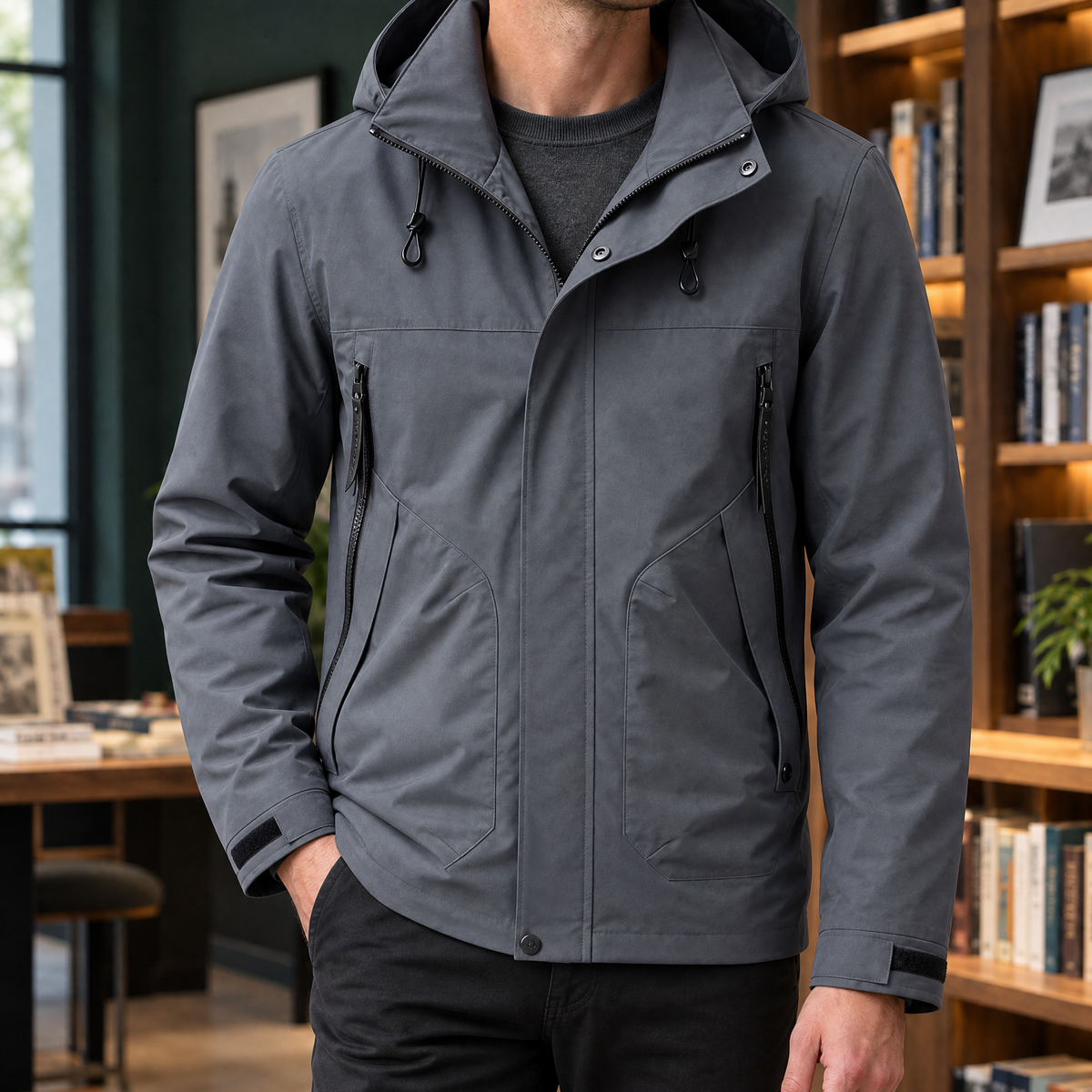 Mens Waterproof Rain Jacket Hooded Woven Shell Zip Front Four Pocket