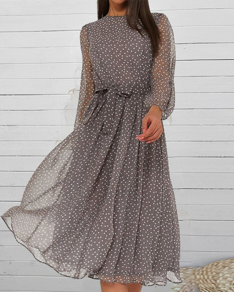 Summer Linen Dress | Loose Fit, Coffee Polka Dot | A-Line Midi