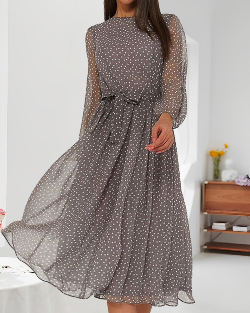 Summer Linen Dress | Loose Fit, Coffee Polka Dot | A-Line Midi