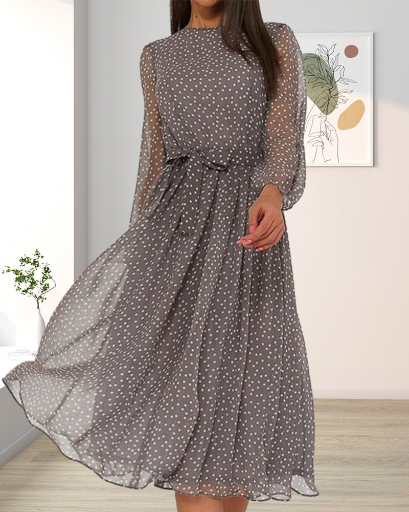 Summer Linen Dress | Loose Fit, Coffee Polka Dot | A-Line Midi