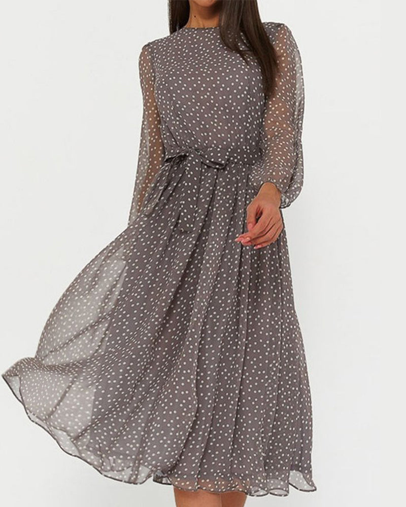 Summer Linen Dress | Loose Fit, Coffee Polka Dot | A-Line Midi