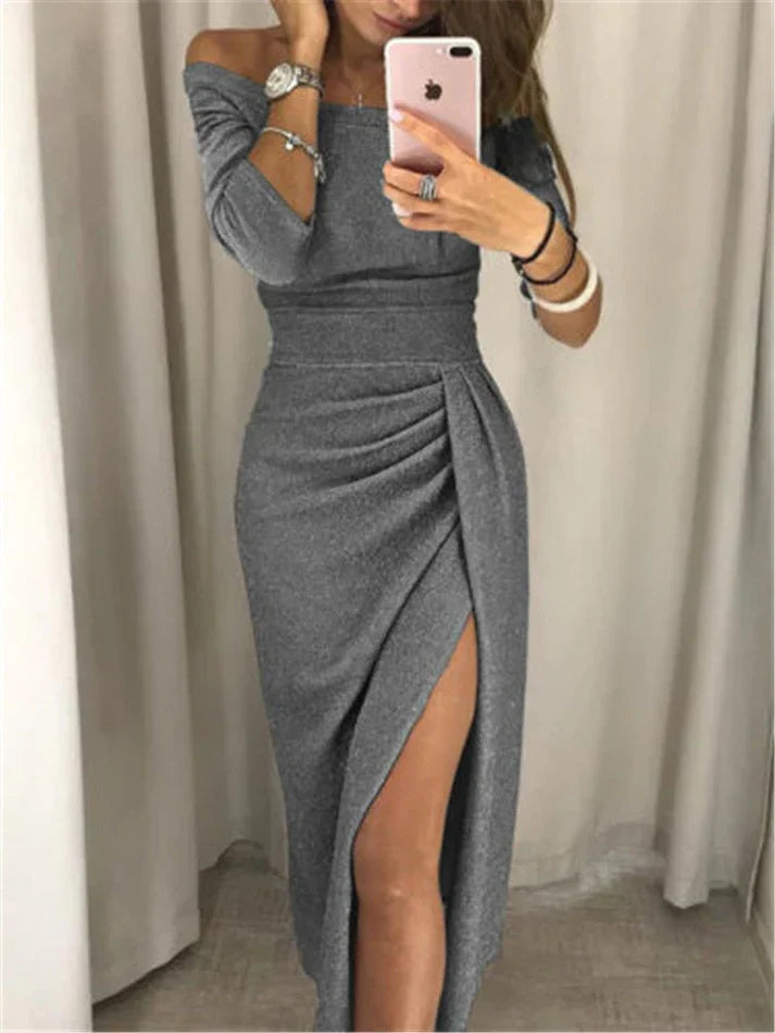Evening Dress | Women's Glitter Style, High Slit | Off-Shoulder