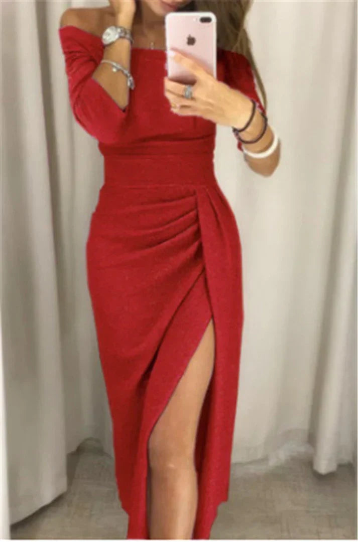 Evening Dress | Women's Glitter Style, High Slit | Off-Shoulder
