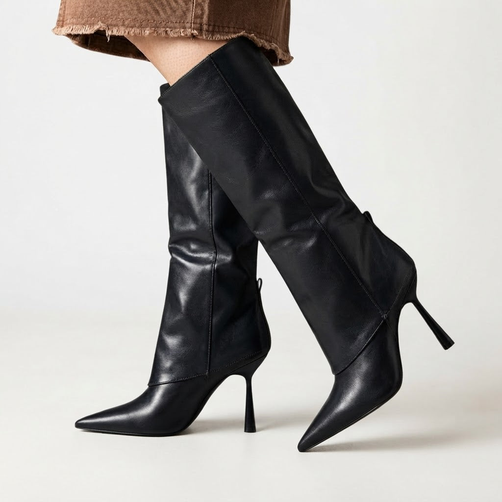 Women stiletto heel knee high boots in black sleek straight shaft