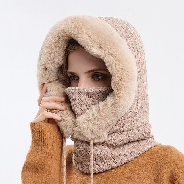 Balaclava Hoodie | Unisex Knit, Faux Fur Lined | Winter Face Cover