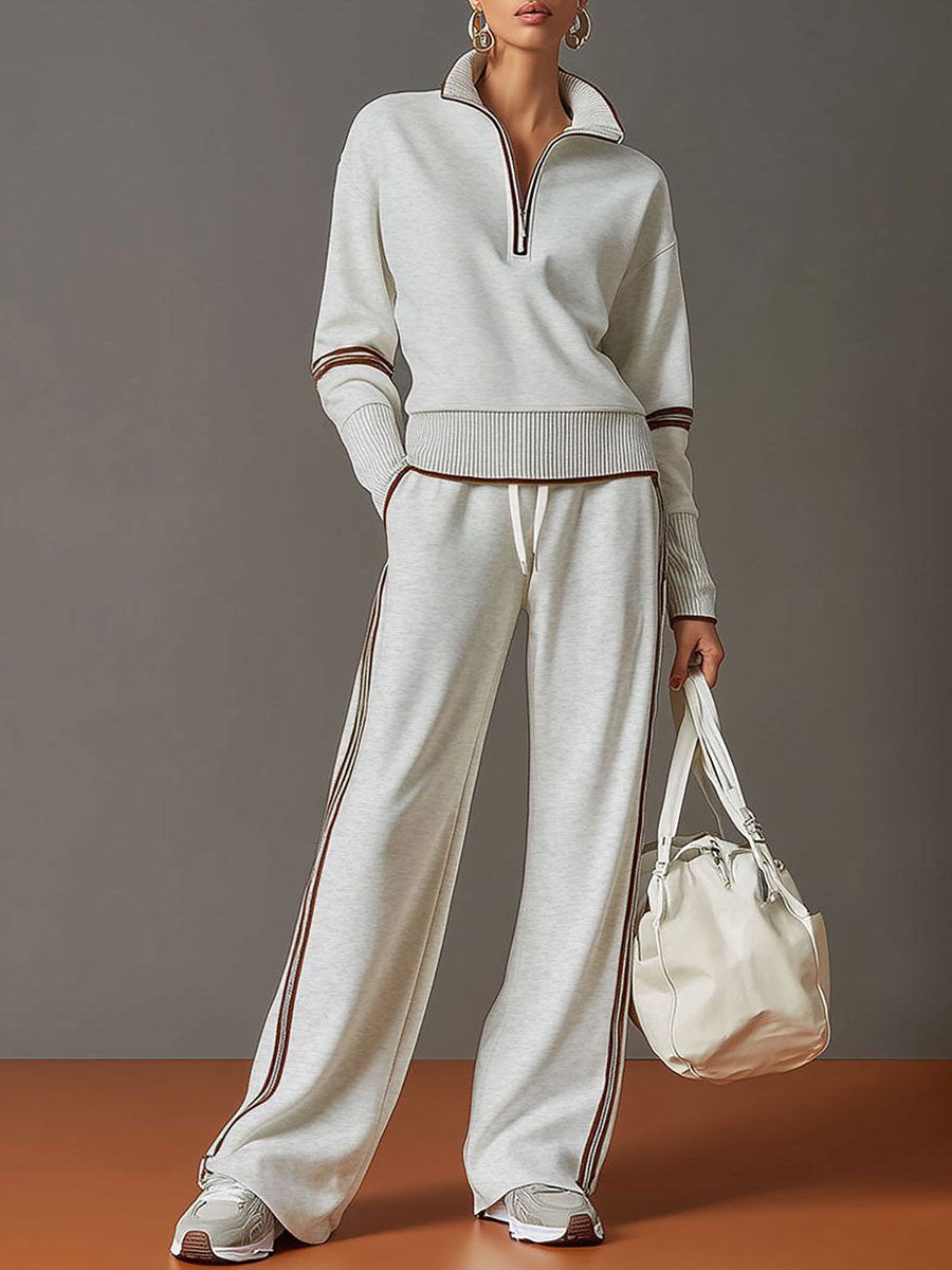 Womens 2 piece zip sweatshirt wide leg set with ribbed knit half zip top