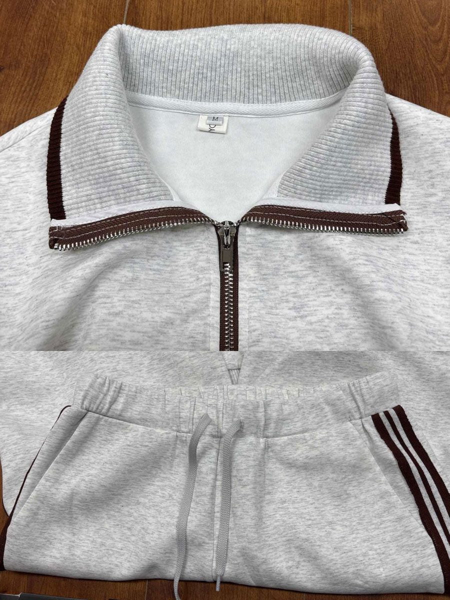 Womens 2 piece zip sweatshirt wide leg set with ribbed knit half zip top