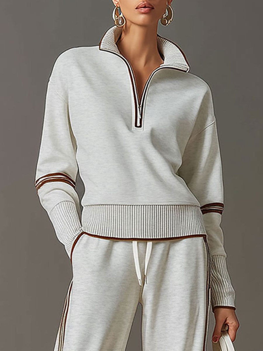 Womens 2 piece zip sweatshirt wide leg set with ribbed knit half zip top