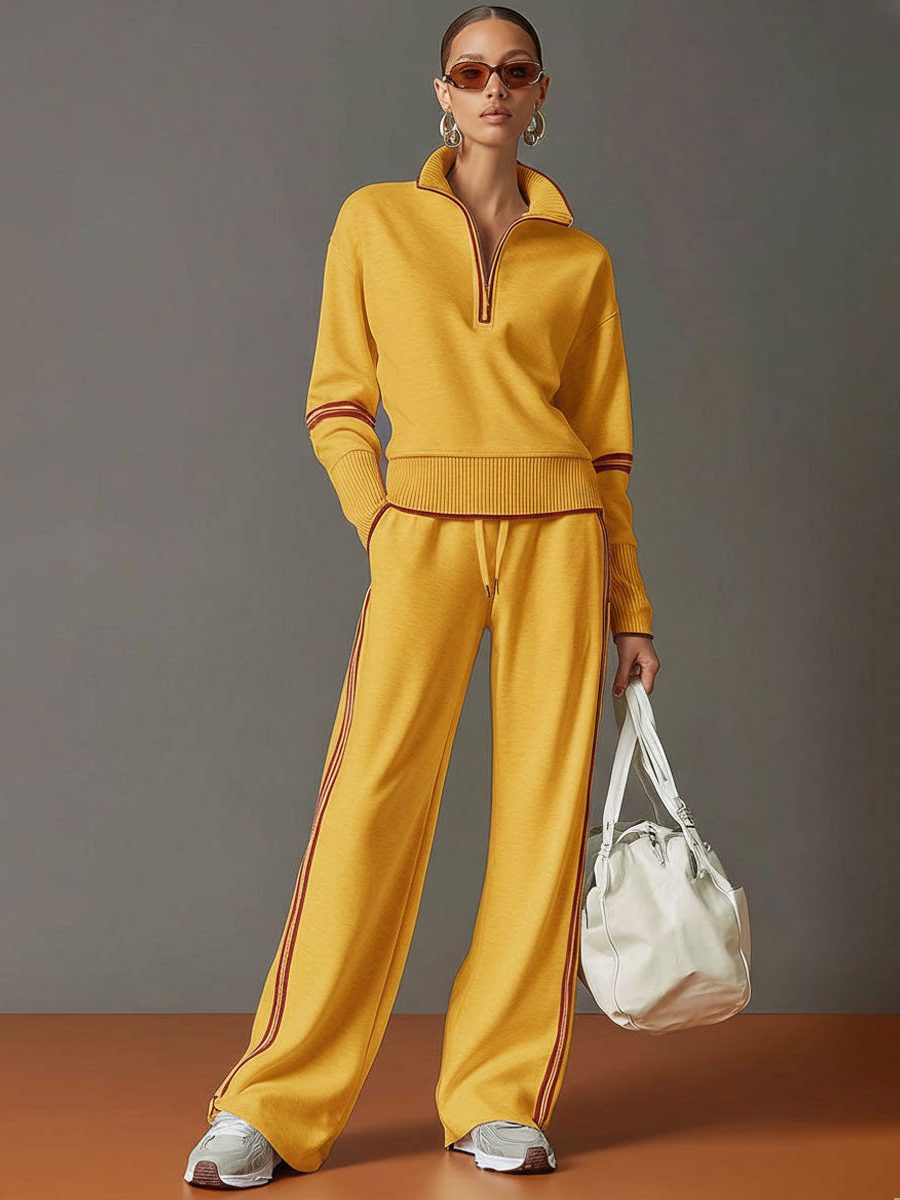 Womens 2 piece zip sweatshirt wide leg set with ribbed knit half zip top