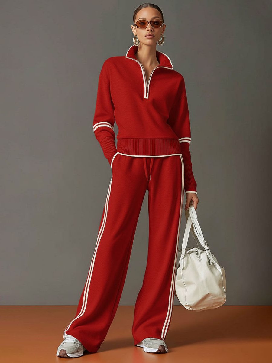 Womens 2 piece zip sweatshirt wide leg set with ribbed knit half zip top
