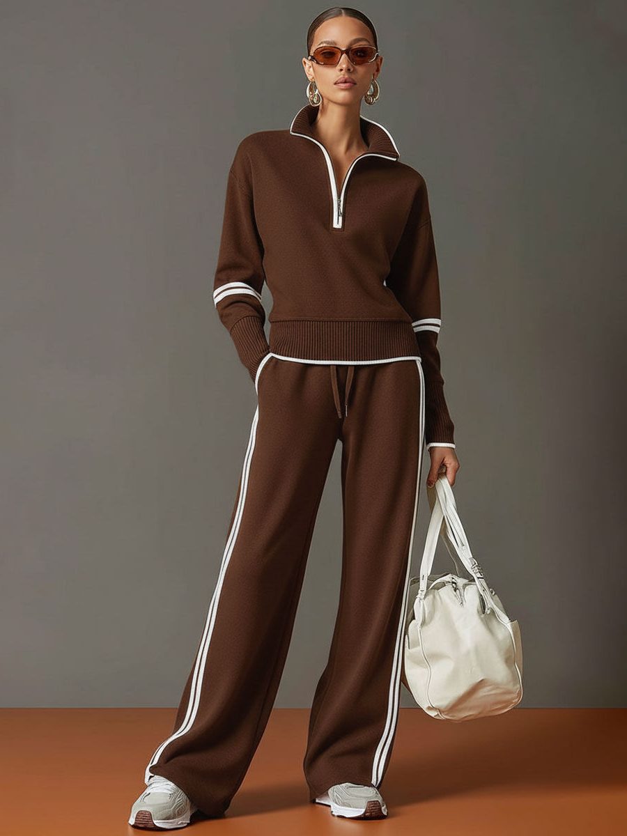 Womens 2 piece zip sweatshirt wide leg set with ribbed knit half zip top