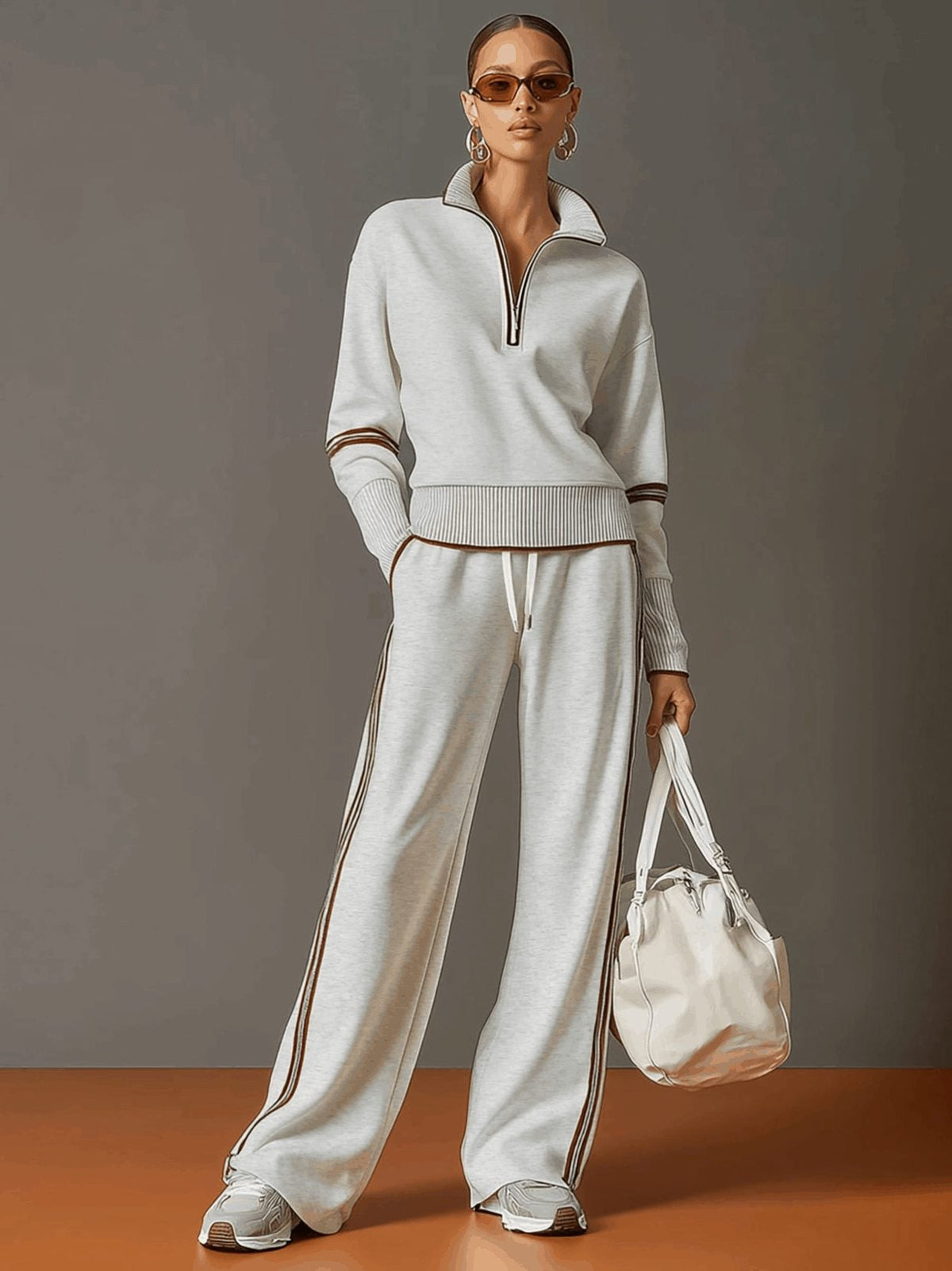 Womens 2 piece zip sweatshirt wide leg set with ribbed knit half zip top