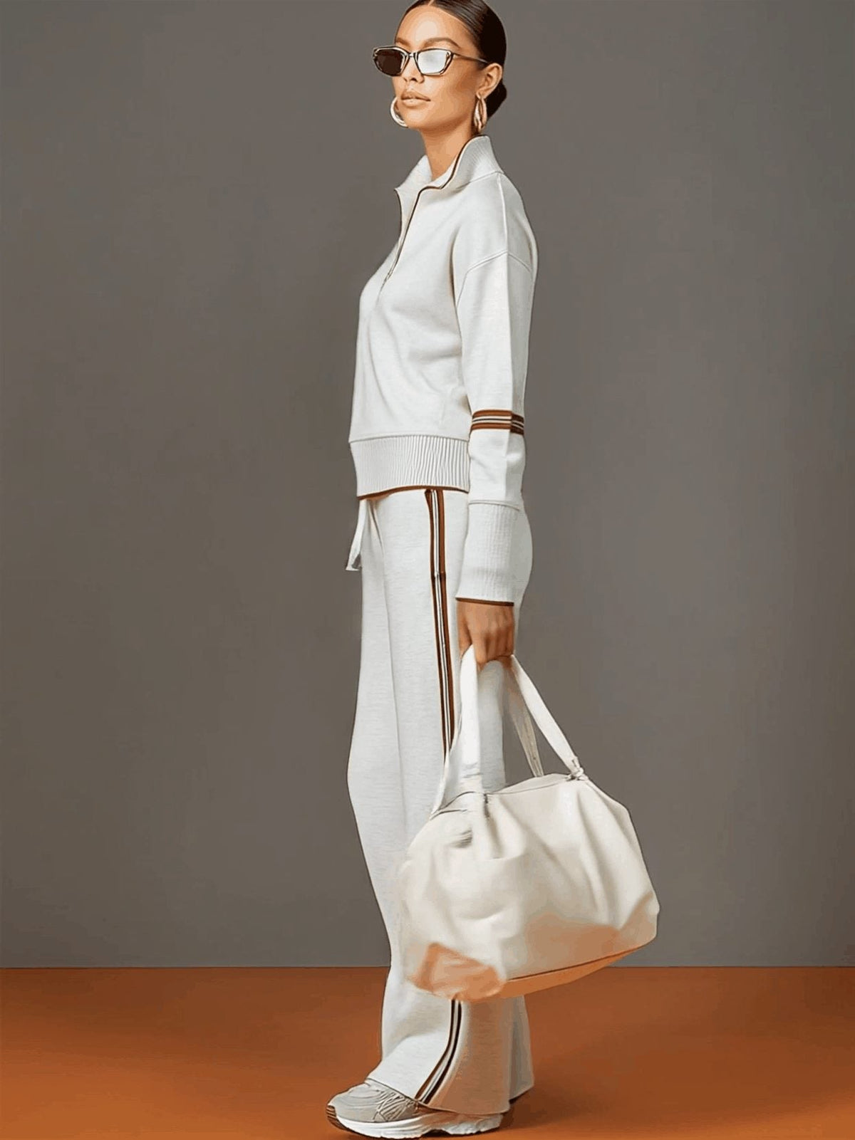 Womens 2 piece zip sweatshirt wide leg set with ribbed knit half zip top