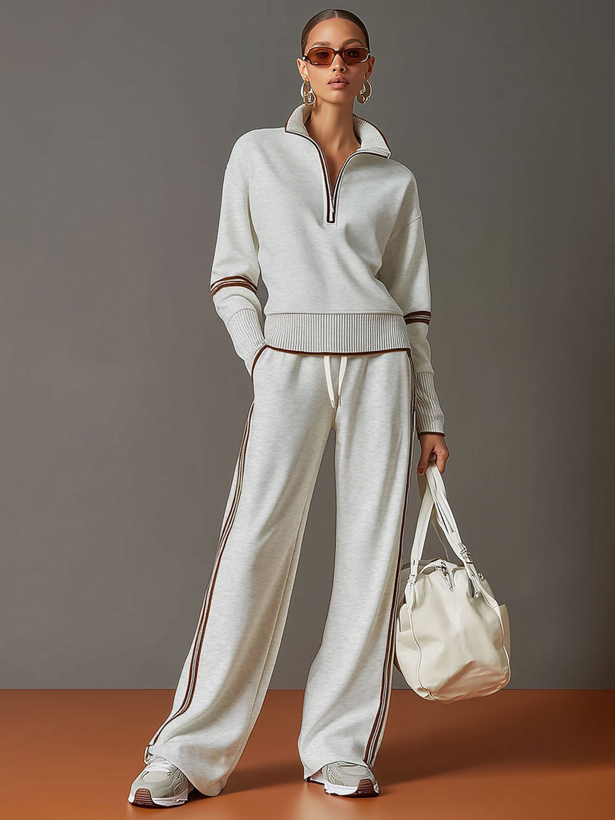 Womens 2 piece zip sweatshirt wide leg set with ribbed knit half zip top