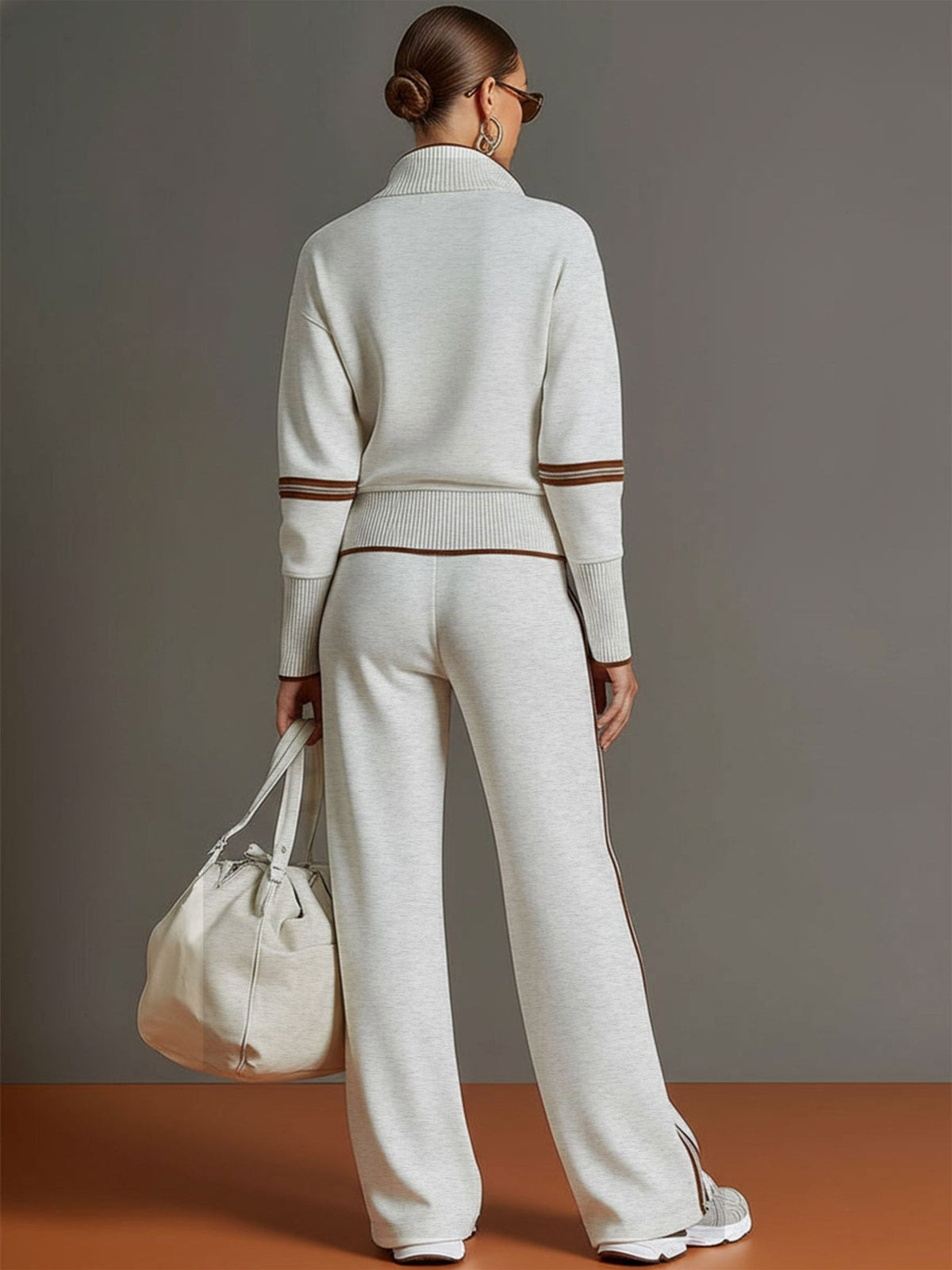 Womens 2 piece zip sweatshirt wide leg set with ribbed knit half zip top