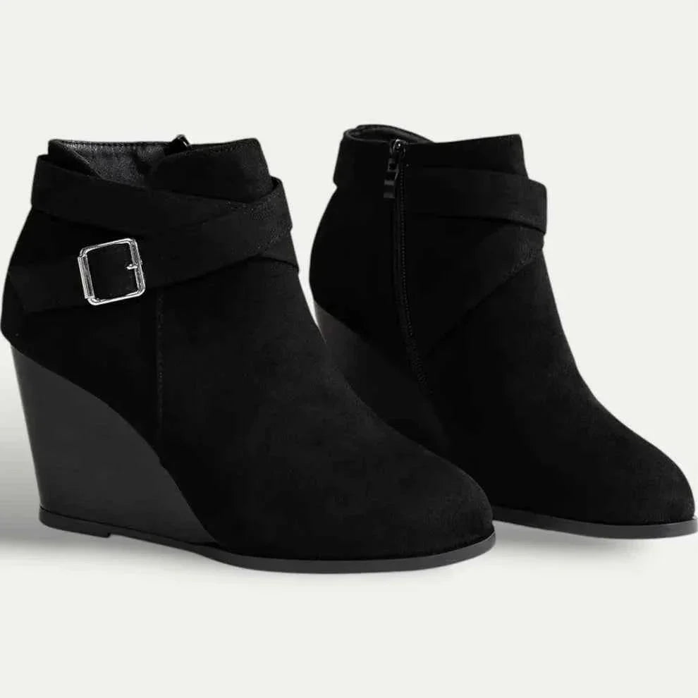 Women wedge ankle boots black with buckle crossover strap and round toe