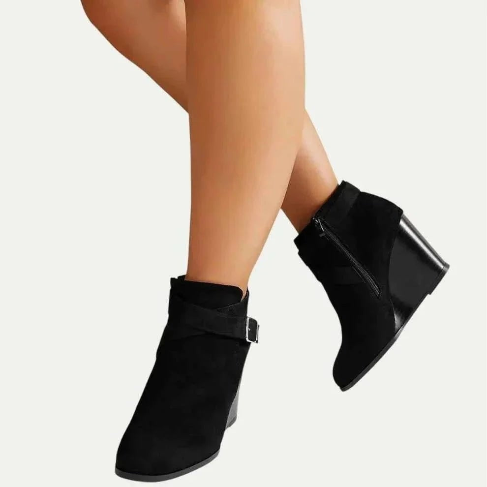 Women wedge ankle boots black with buckle crossover strap and round toe