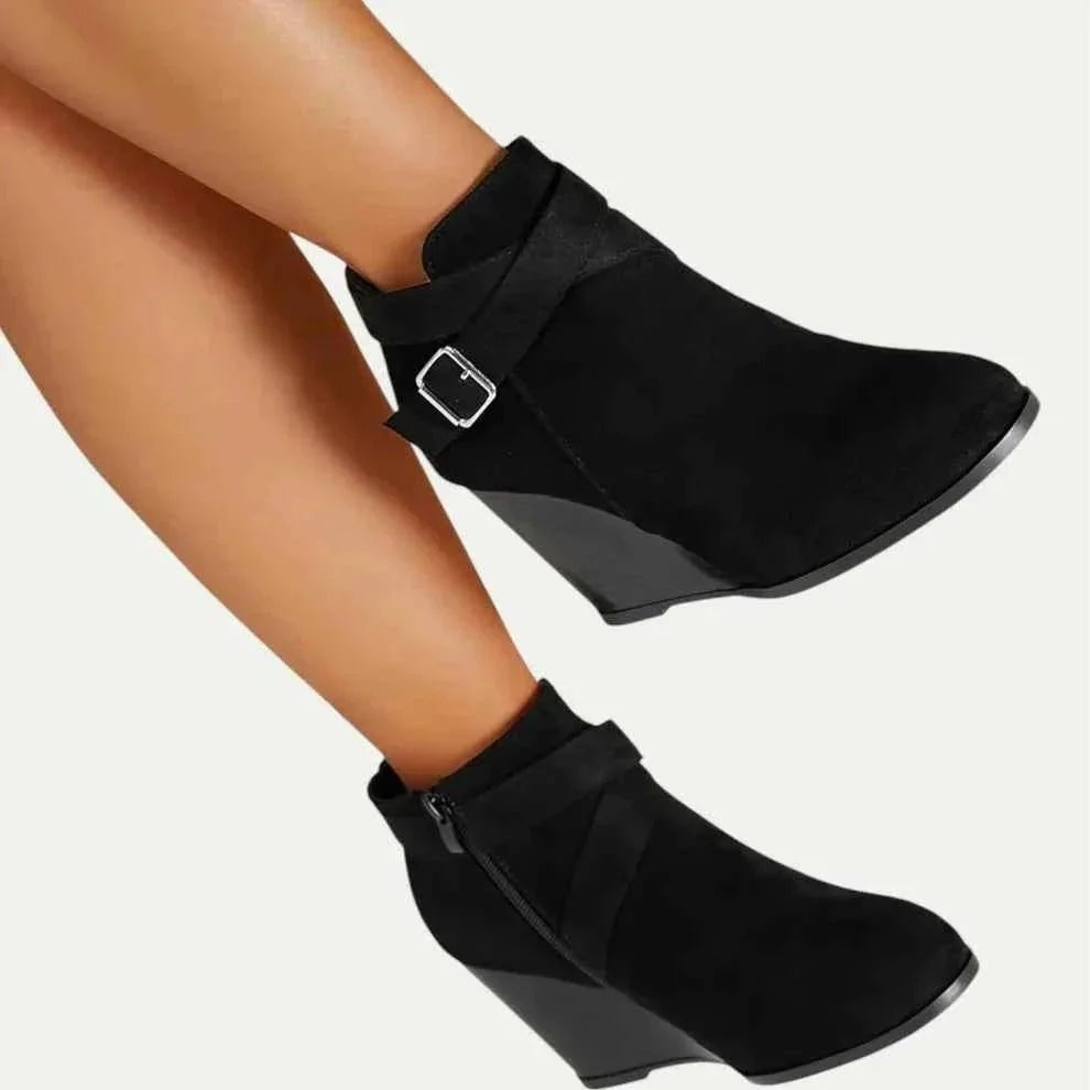 Women wedge ankle boots black with buckle crossover strap and round toe