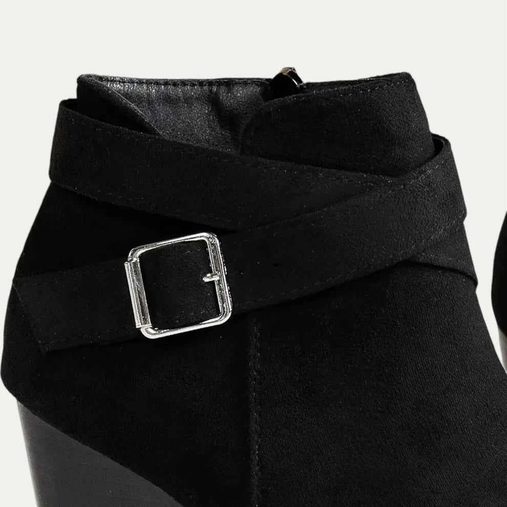 Women wedge ankle boots black with buckle crossover strap and round toe