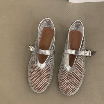 Women mesh ballet flats mary jane style with adjustable buckle strap and round toe