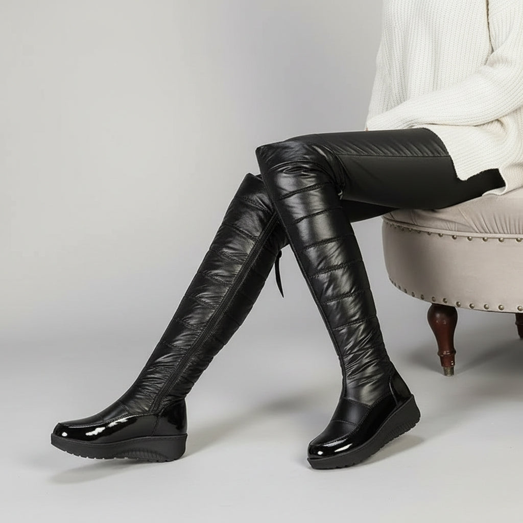 Women over knee winter boots with bow detail and block heel