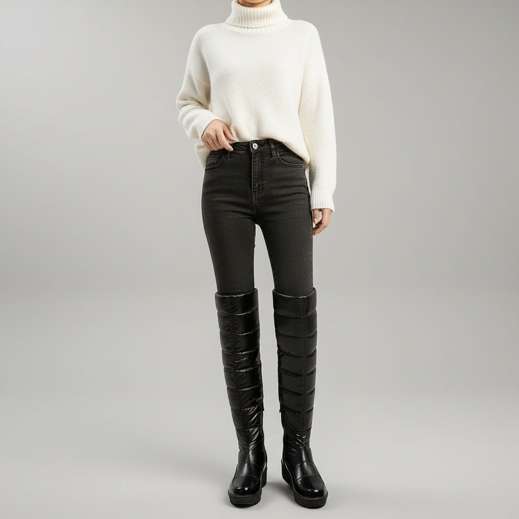 Women over knee winter boots with bow detail and block heel