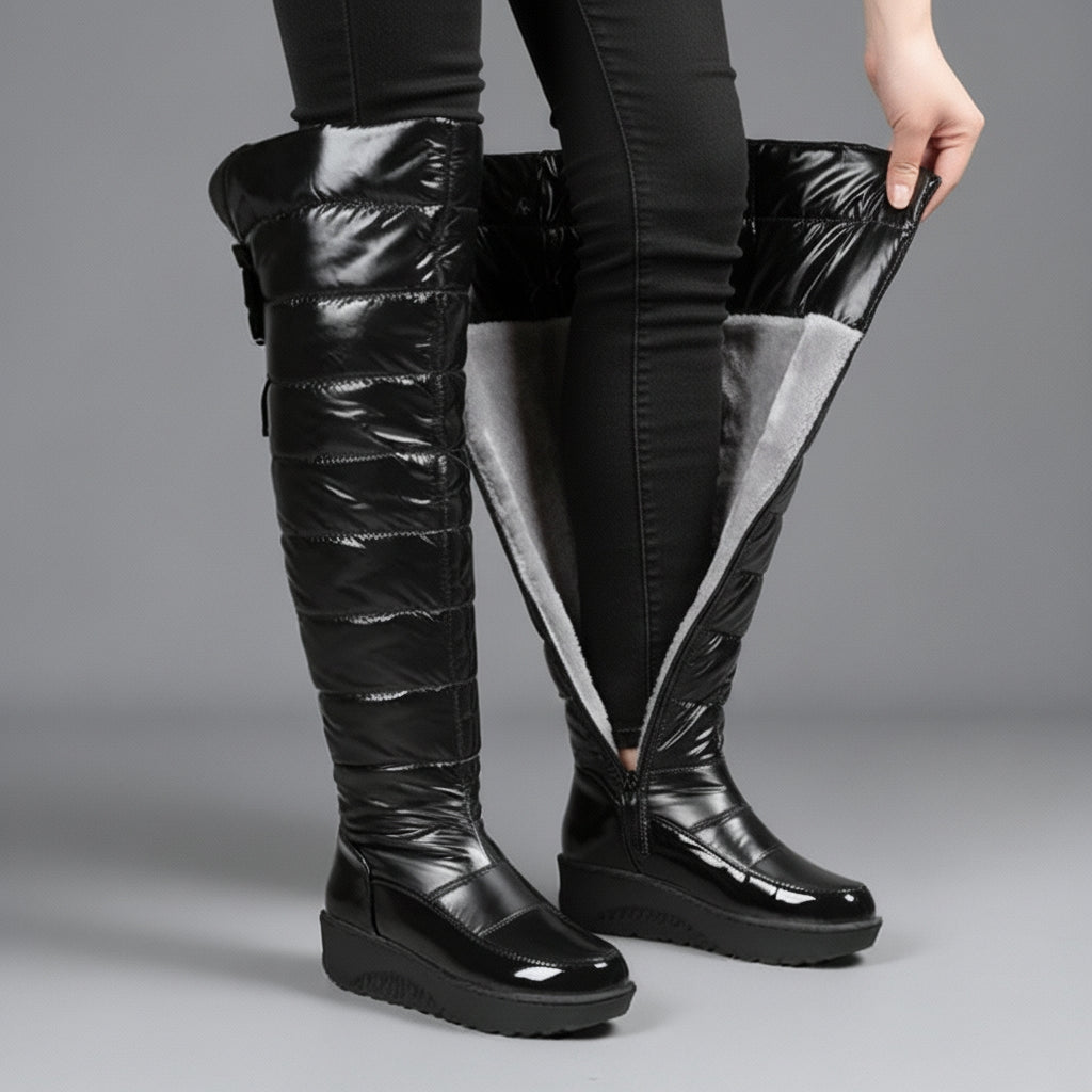 Women over knee winter boots with bow detail and block heel