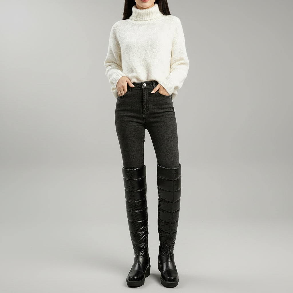 Women over knee winter boots with bow detail and block heel