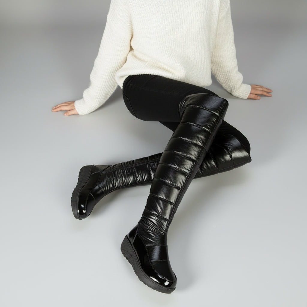 Women over knee winter boots with bow detail and block heel