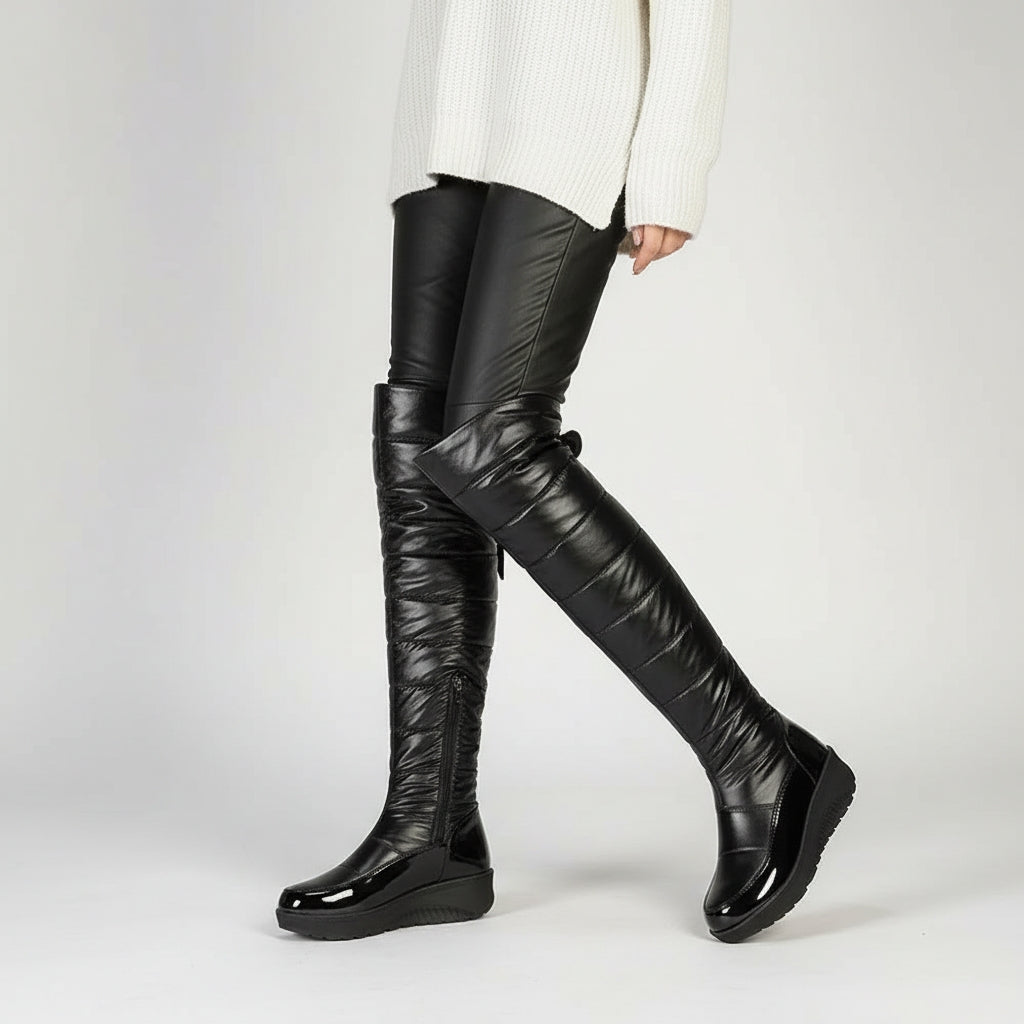 Women over knee winter boots with bow detail and block heel