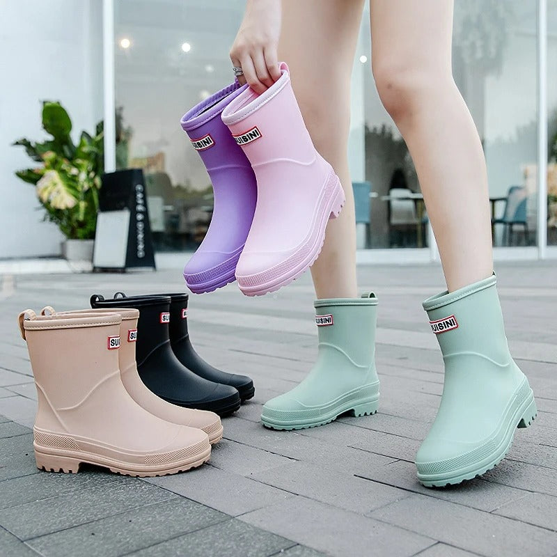 Women short waterproof wellies pull on ankle rain boots