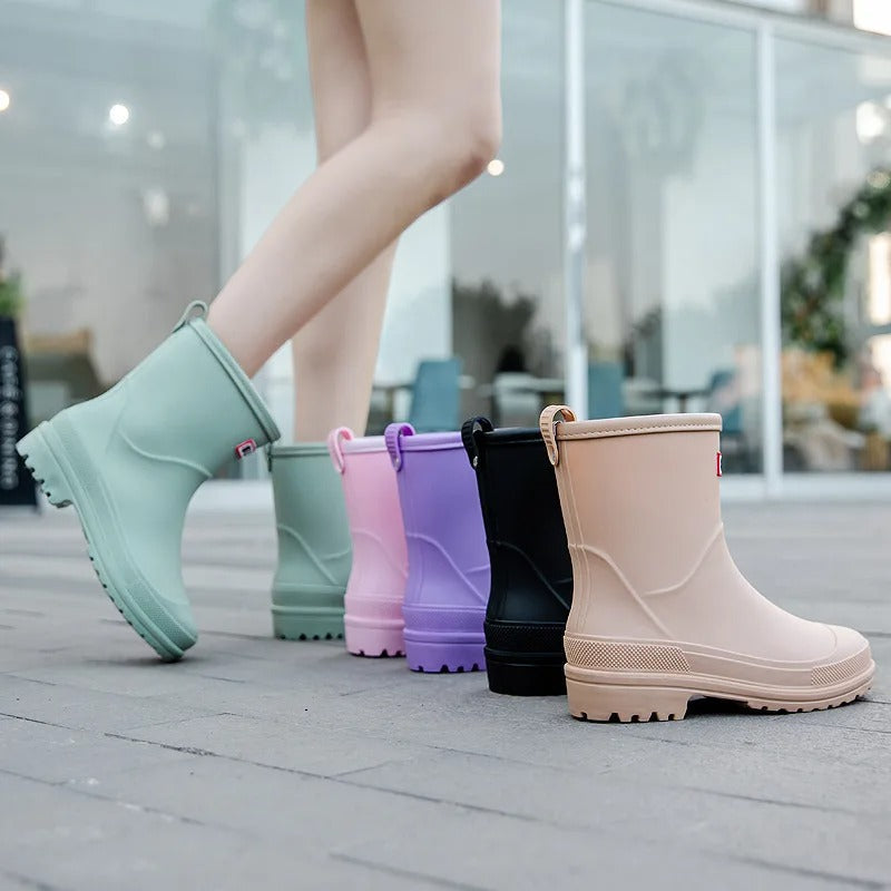 Women short waterproof wellies pull on ankle rain boots