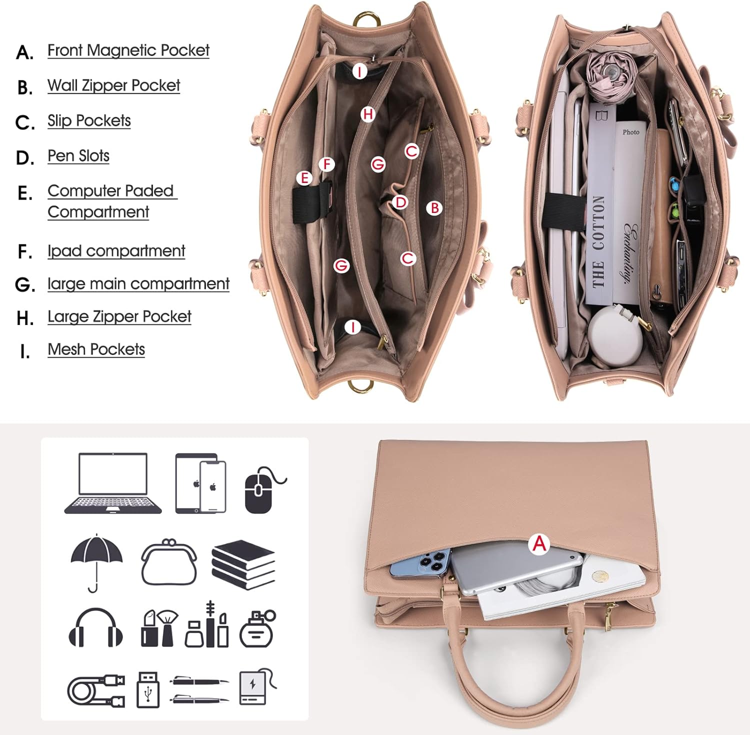 Laptop Bag for Women | Waterproof PU, Multi-Pocket Organizer