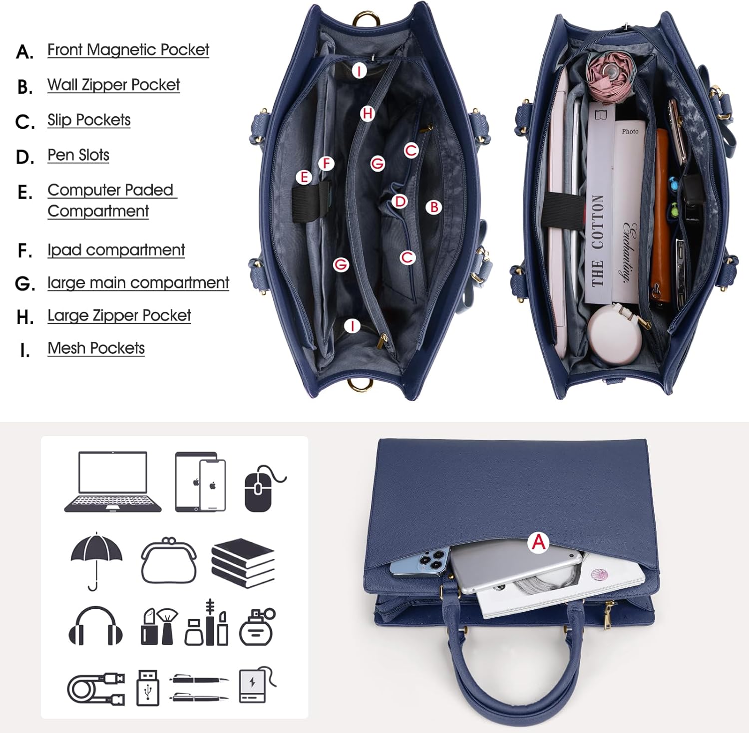 Laptop Bag for Women | Waterproof PU, Multi-Pocket Organizer