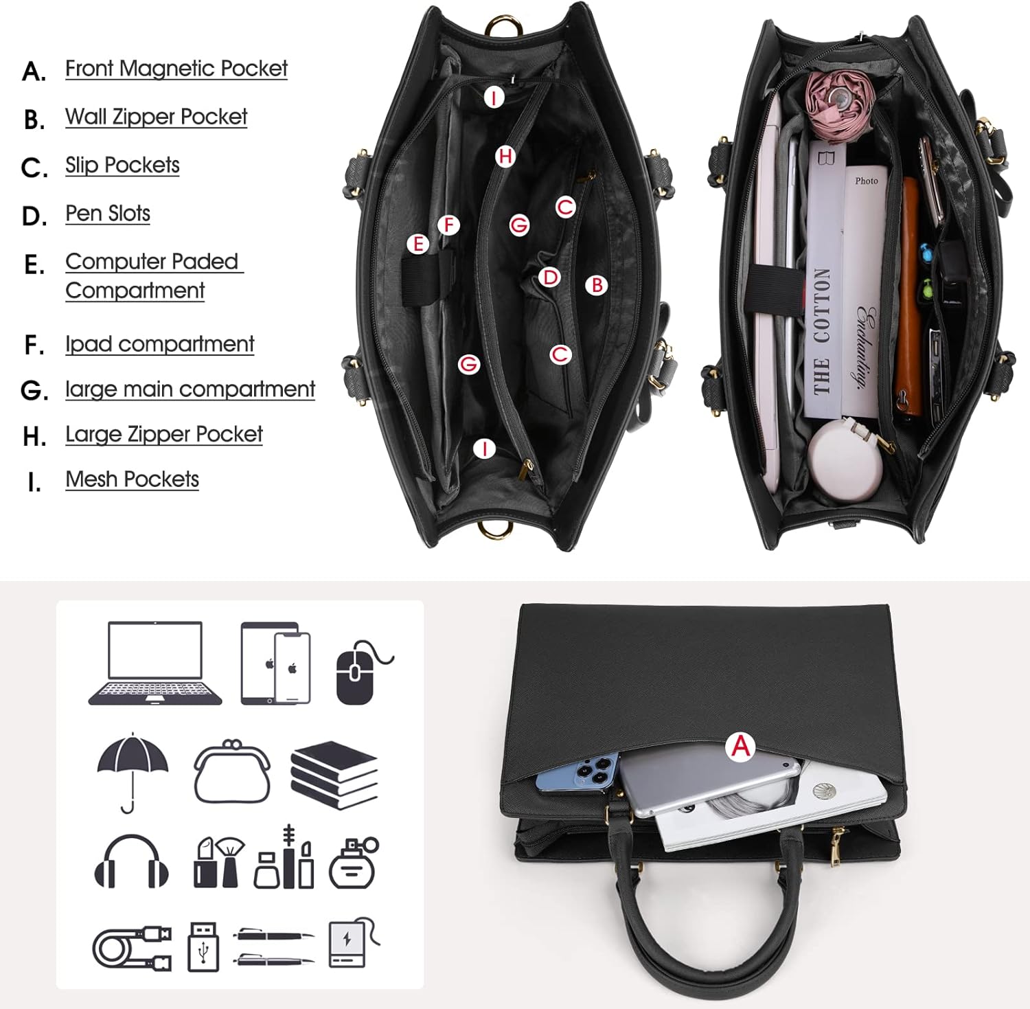 Laptop Bag for Women | Waterproof PU, Multi-Pocket Organizer