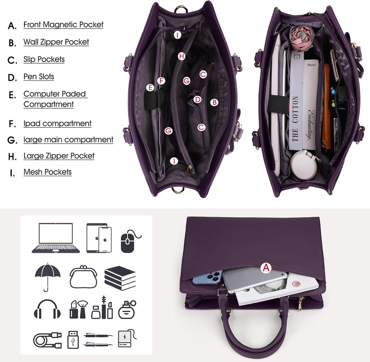 Laptop Bag for Women | Waterproof PU, Multi-Pocket Organizer