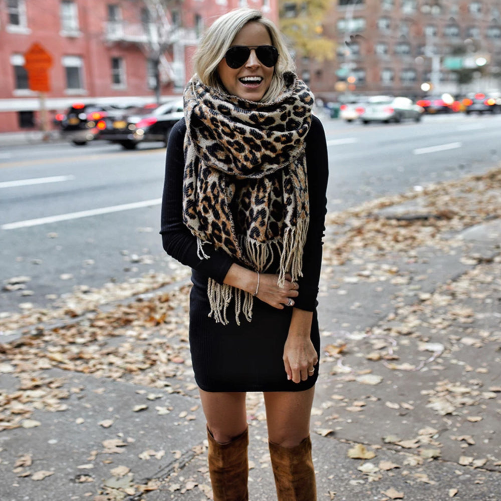 Women knit scarf leopard print winter soft wrap