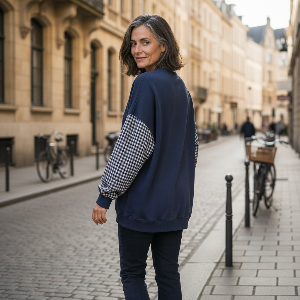 Women patchwork plaid crew neck top relaxed fit in navy blue