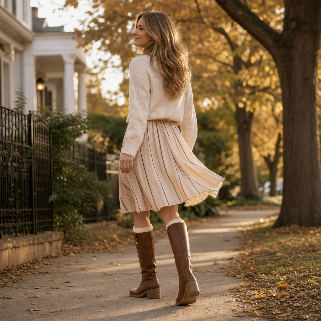 Women knee high pull on block heel boots wide opening shaft