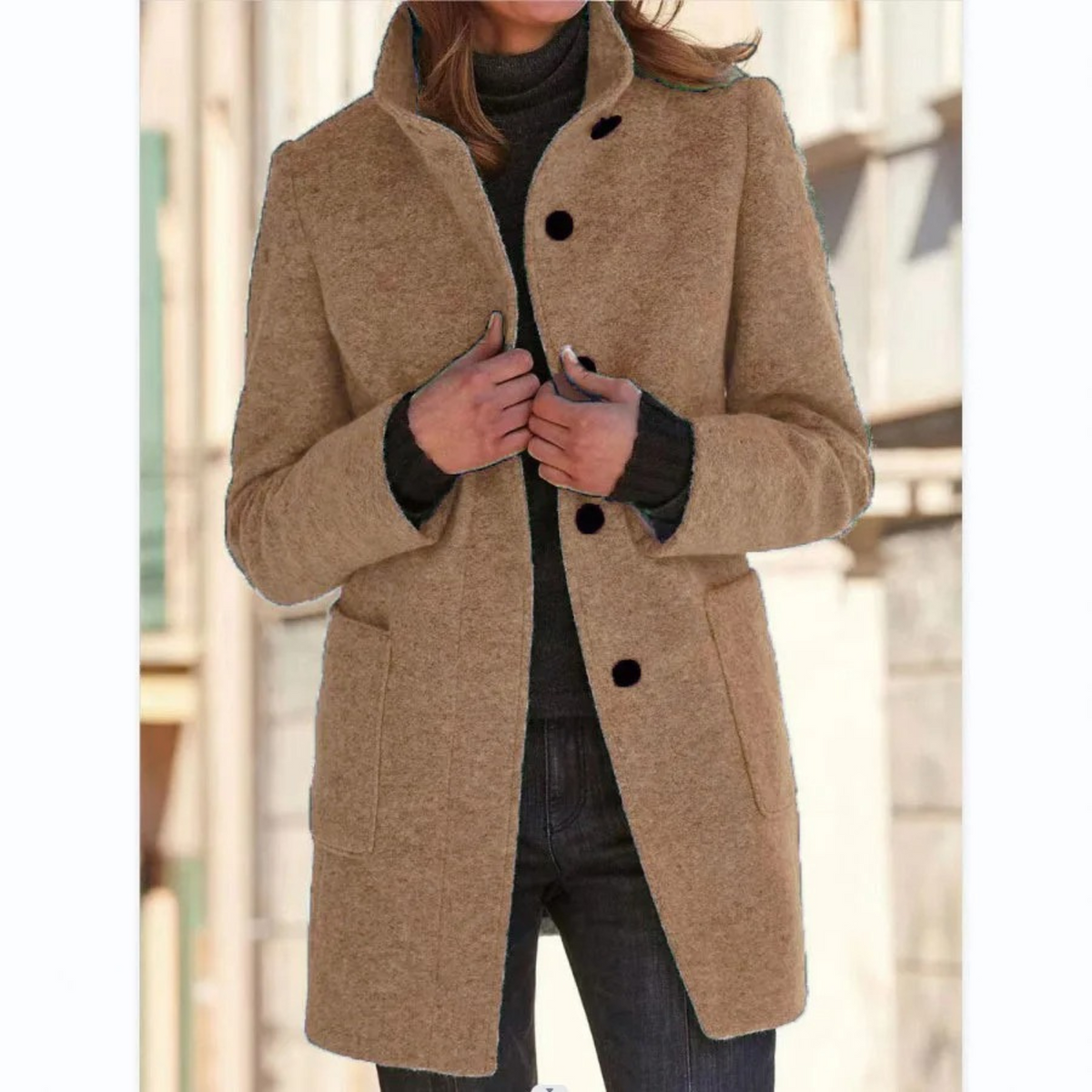 Women quilted winter coat button front stand collar long tailored fit