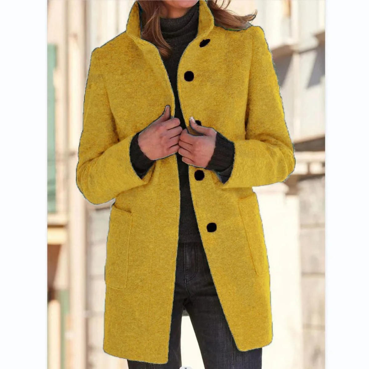 Women quilted winter coat button front stand collar long tailored fit