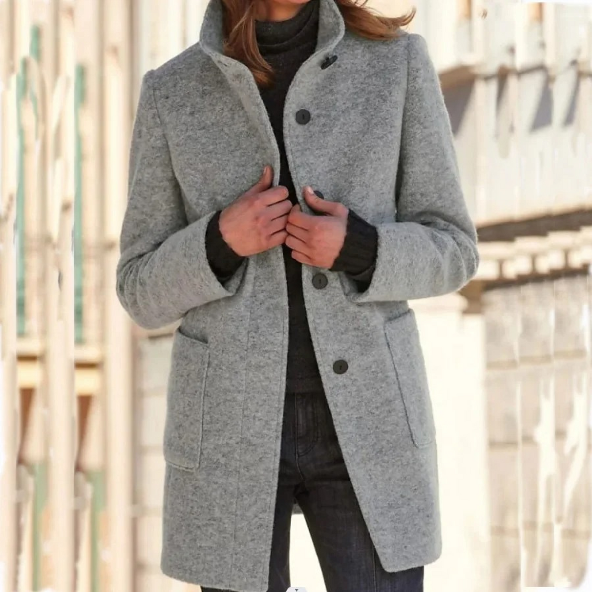 Women quilted winter coat button front stand collar long tailored fit