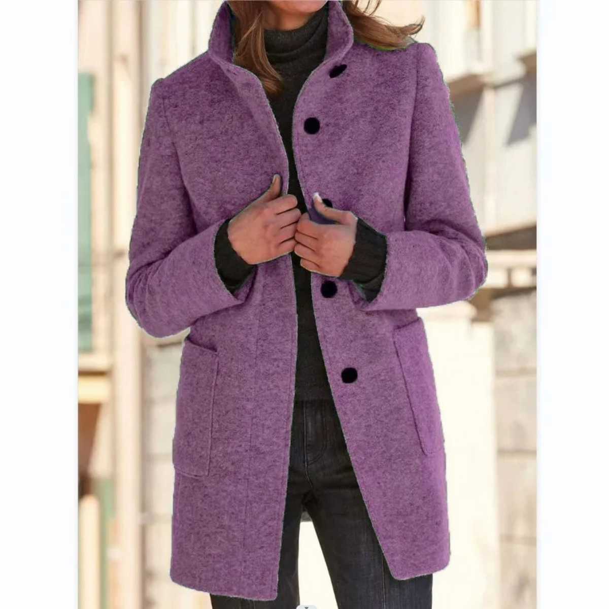 Women quilted winter coat button front stand collar long tailored fit