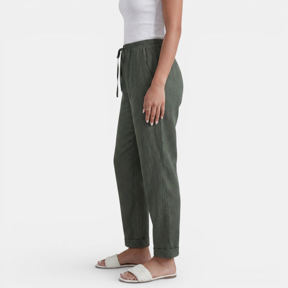 Women linen high waist pants relaxed fit in neutral tones