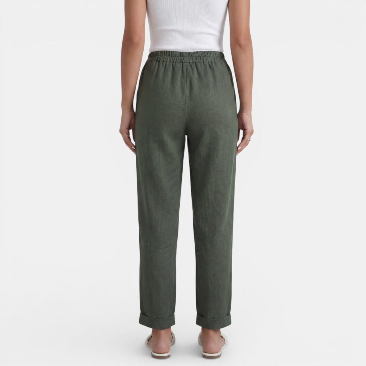 Women linen high waist pants relaxed fit in neutral tones